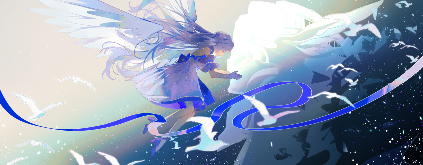 1girl, :d, absurdres, angel_wings, ankle_ribbon, bare_shoulders, bead_bracelet, beads, bird, blue_background, blue_ribbon, bracelet, brother_and_sister, chinese_commentary, choker, closed_eyes, crying, detached_sleeves, disintegration, dress, facing_another, from_side, full_body, gloves, hair_between_eyes, hands_on_another's_face, head_wings, high_heels, highres, honkai:_star_rail, honkai_(series), humanoid_robot, jewelry, leg_ribbon, light_particles, long_hair, mojieovo, no_halo, pink_background, profile, purple_choker, purple_dress, purple_hair, purple_ribbon, purple_shoes, purple_sleeves, rainbow, ribbon, robin_(honkai:_star_rail), robot, septimus_(honkai:_star_rail), shoes, short_sleeves, siblings, size_difference, smile, strapless, strapless_dress, sunday_(honkai:_star_rail), two-tone_background, two-tone_dress, very_long_hair, white_dress, white_gloves, white_wings, wings