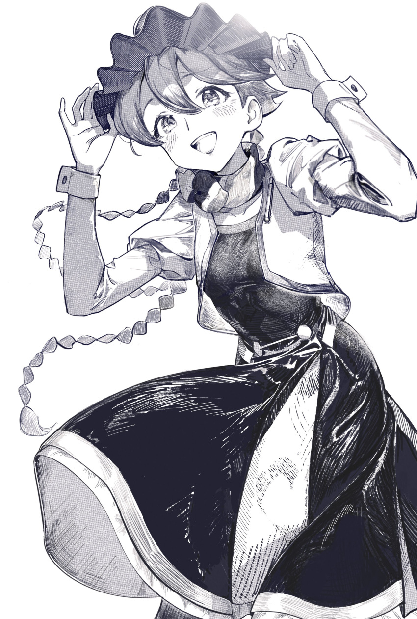 1girl, absurdres, apocalypse_hotel, braid, commentary, cropped_jacket, dress, greyscale, happy, haru_udon, highres, long_hair, monochrome, open_mouth, shampoo_hat, simple_background, smile, solo, twin_braids, yachiyo_(apocalypse_hotel)