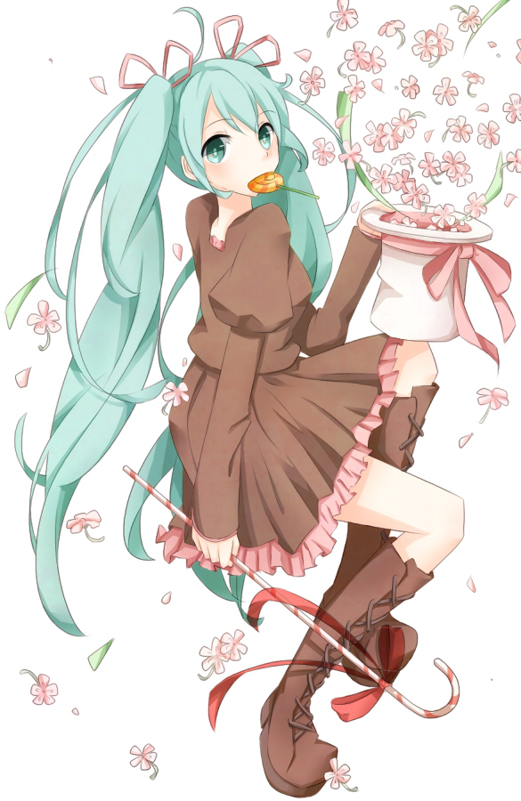 ahoge, aqua_eyes, aqua_hair, boots, candy, candy_cane, cross-laced_footwear, enoki