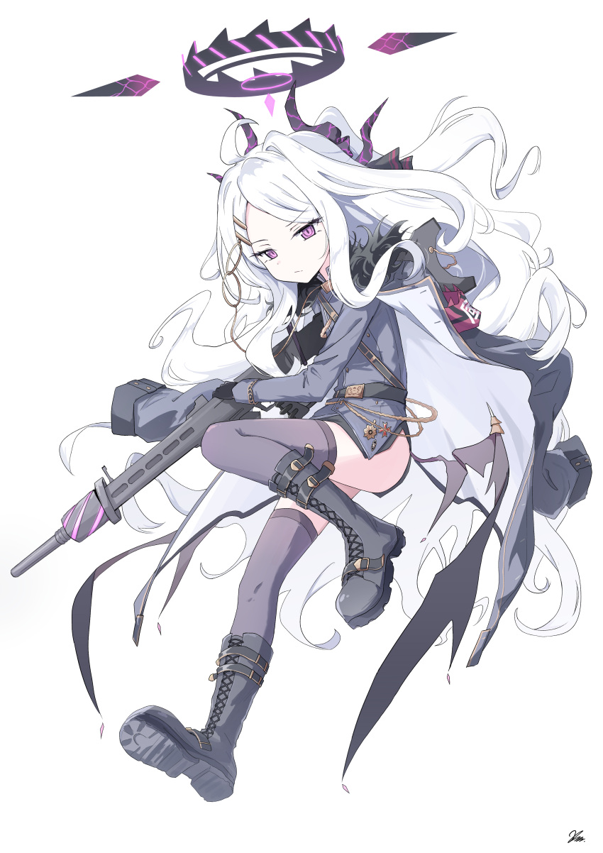 1girl, absurdres, ahoge, armband, black_coat, black_halo, black_skirt, blue_archive