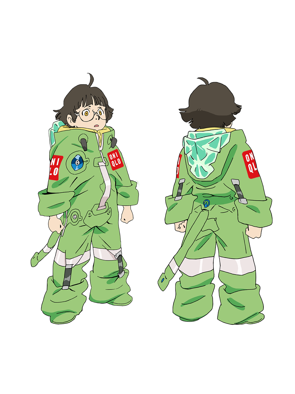 2boys, :o, ahoge, anime_coloring, back, brown_eyes, brown_hair, chikyuugai_shounen_shoujo, child, clenched_hands, flipped_hair, from_behind, full_body, glasses, green_jumpsuit, highres, jumpsuit, long_sleeves, looking_at_viewer, multiple_boys, multiple_views, official_art, open_mouth, oversized_clothes, short_hair, simple_background, sleeves_rolled_up, spacesuit, standing, tanegashima_hiroshi, transparent_background, yoshida_ken'ichi