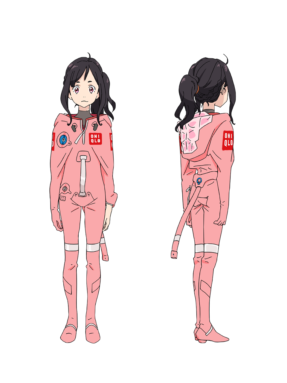 2girls, anime_coloring, back, black_hair, brown_hair, chikyuugai_shounen_shoujo, closed_mouth, collared_shirt, from_behind, full_body, grey_shirt, highres, jumpsuit, long_sleeves, looking_at_viewer, medium_hair, misasa_miina, multiple_girls, multiple_views, official_art, pink_jumpsuit, ponytail, shirt, sidelocks, simple_background, spacesuit, standing, thick_eyebrows, transparent_background, yoshida_ken'ichi