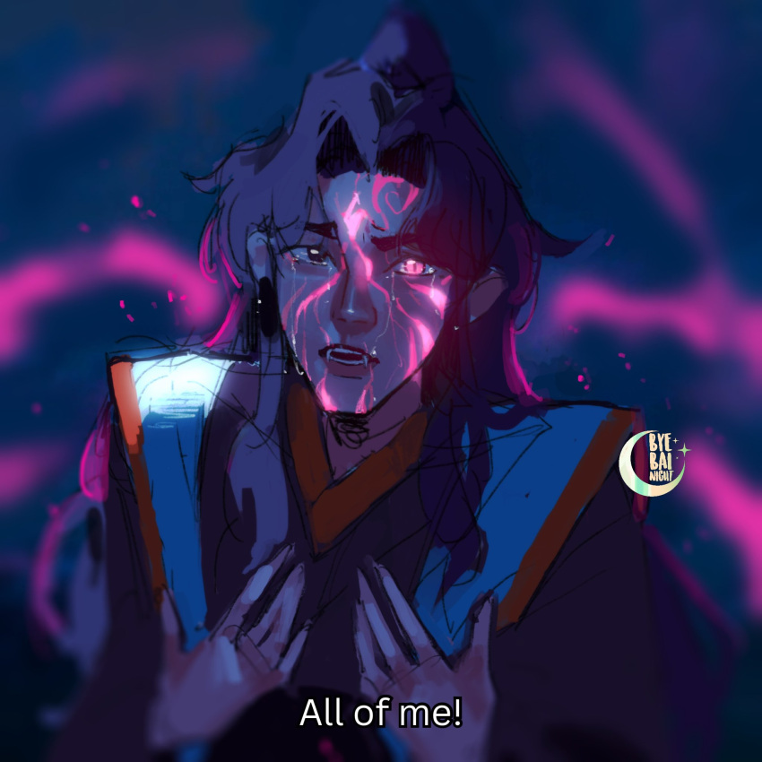 1boy, artist_logo, black_hair, black_hanfu, byebainight, chinese_clothes, crescent, crying