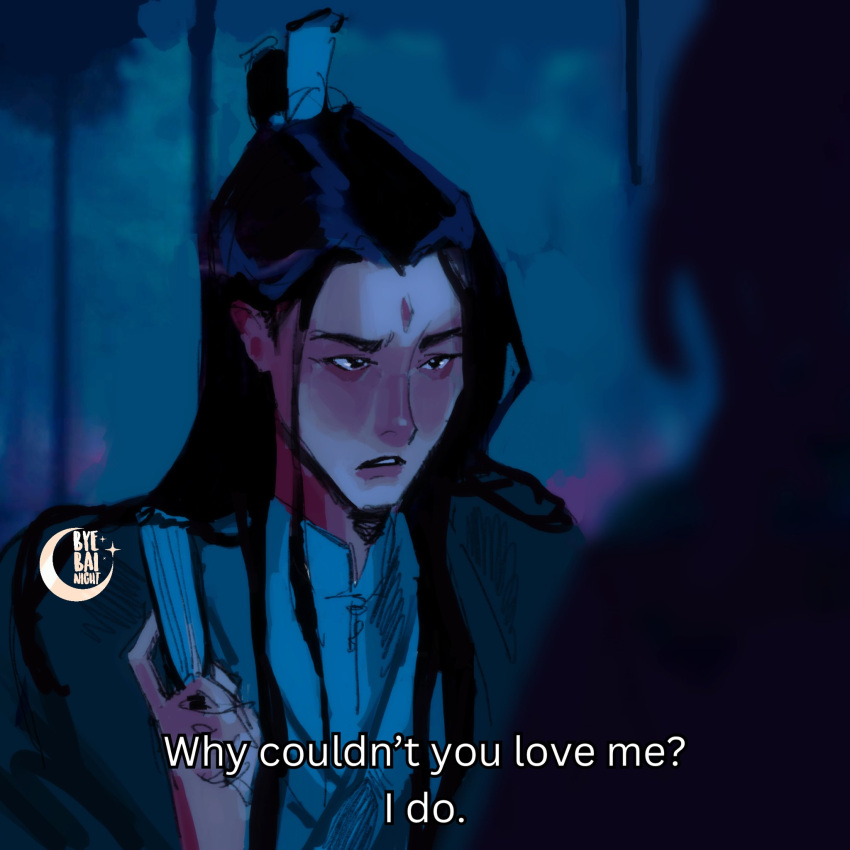 1boy, artist_logo, bindi, biting_own_lip, black_hair, blush, byebainight, chinese_clothes
