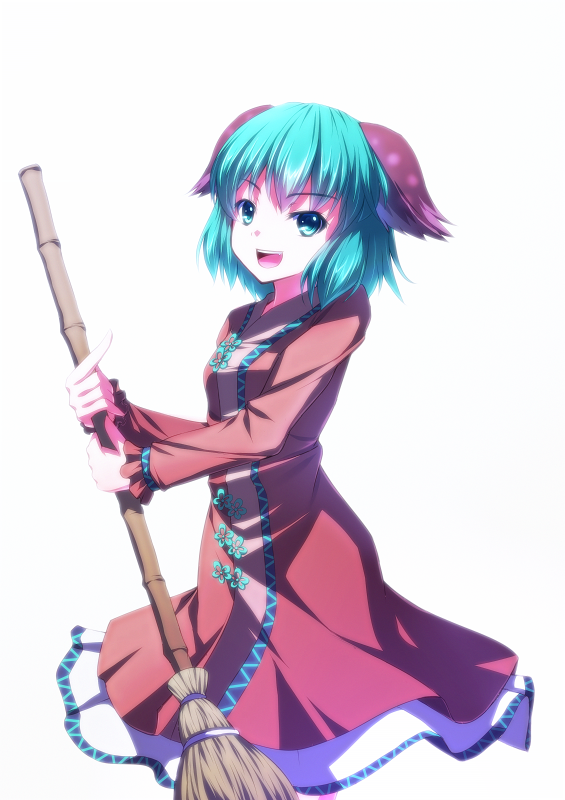 :d, animal_ears, aqua_eyes, aqua_hair, bamboo_broom, broom, green_eyes, green_hair, kasodani_kyouko, open_mouth, ryosios, short_hair, simple_background, smile, solo, touhou, yamabiko