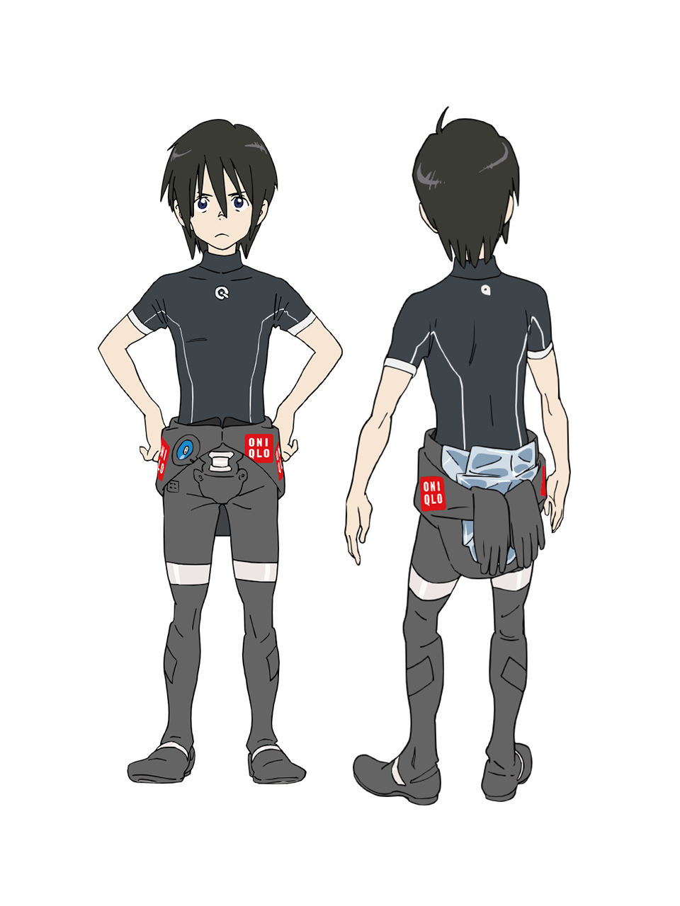 2boys, ahoge, anime_coloring, back, black_hair, black_shirt, blue_eyes, chikyuugai_shounen_shoujo