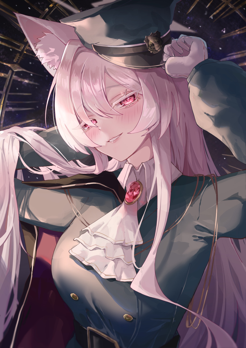 1girl, absurdres, akira_(blue_archive), animal_ear_fluff, animal_ears, arms_up, ascot, belt