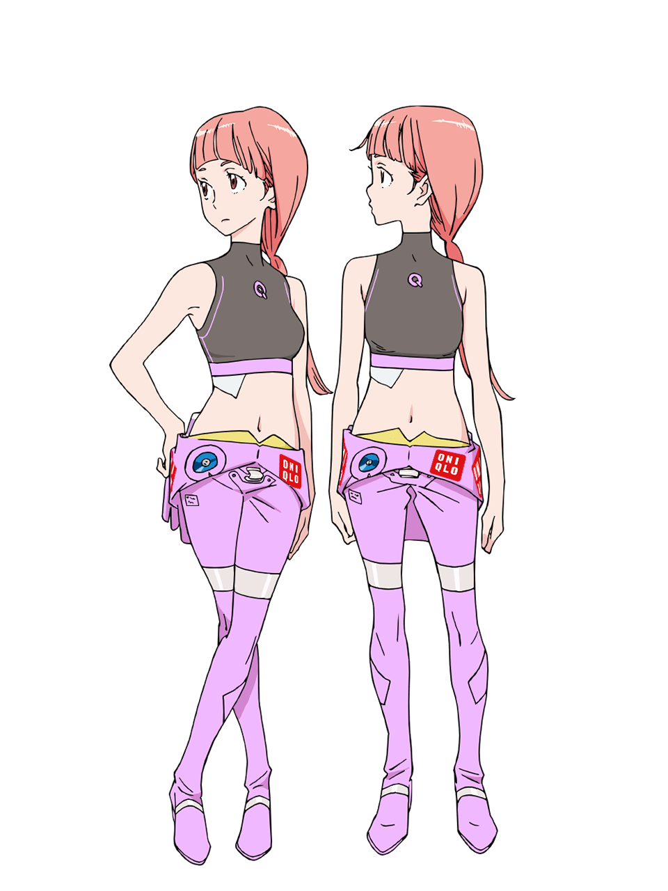 2girls, anime_coloring, armpits, blunt_bangs, breasts, brown_eyes, chikyuugai_shounen_shoujo, closed_mouth, collared_shirt, full_body, grey_shirt, hand_on_own_hip, highres, jumpsuit, long_hair, looking_at_viewer, medium_breasts, multiple_girls, nasa_houston, navel, official_art, pink_hair, pink_jumpsuit, ponytail, profile, shirt, simple_background, sleeveless, sleeveless_shirt, spacesuit, standing, transparent_background, yoshida_ken'ichi