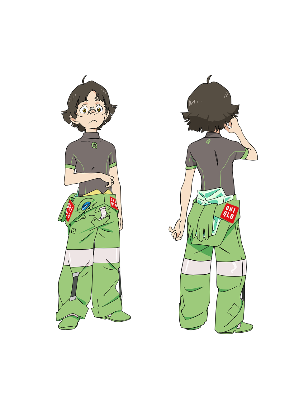 2boys, ahoge, anime_coloring, back, brown_eyes, brown_hair, chikyuugai_shounen_shoujo, child, closed_mouth, collared_shirt, flipped_hair, from_behind, full_body, green_jumpsuit, grey_shirt, hand_up, highres, jumpsuit, looking_at_viewer, multiple_boys, multiple_views, official_art, shirt, short_hair, short_sleeves, simple_background, spacesuit, standing, tanegashima_hiroshi, transparent_background, yoshida_ken'ichi