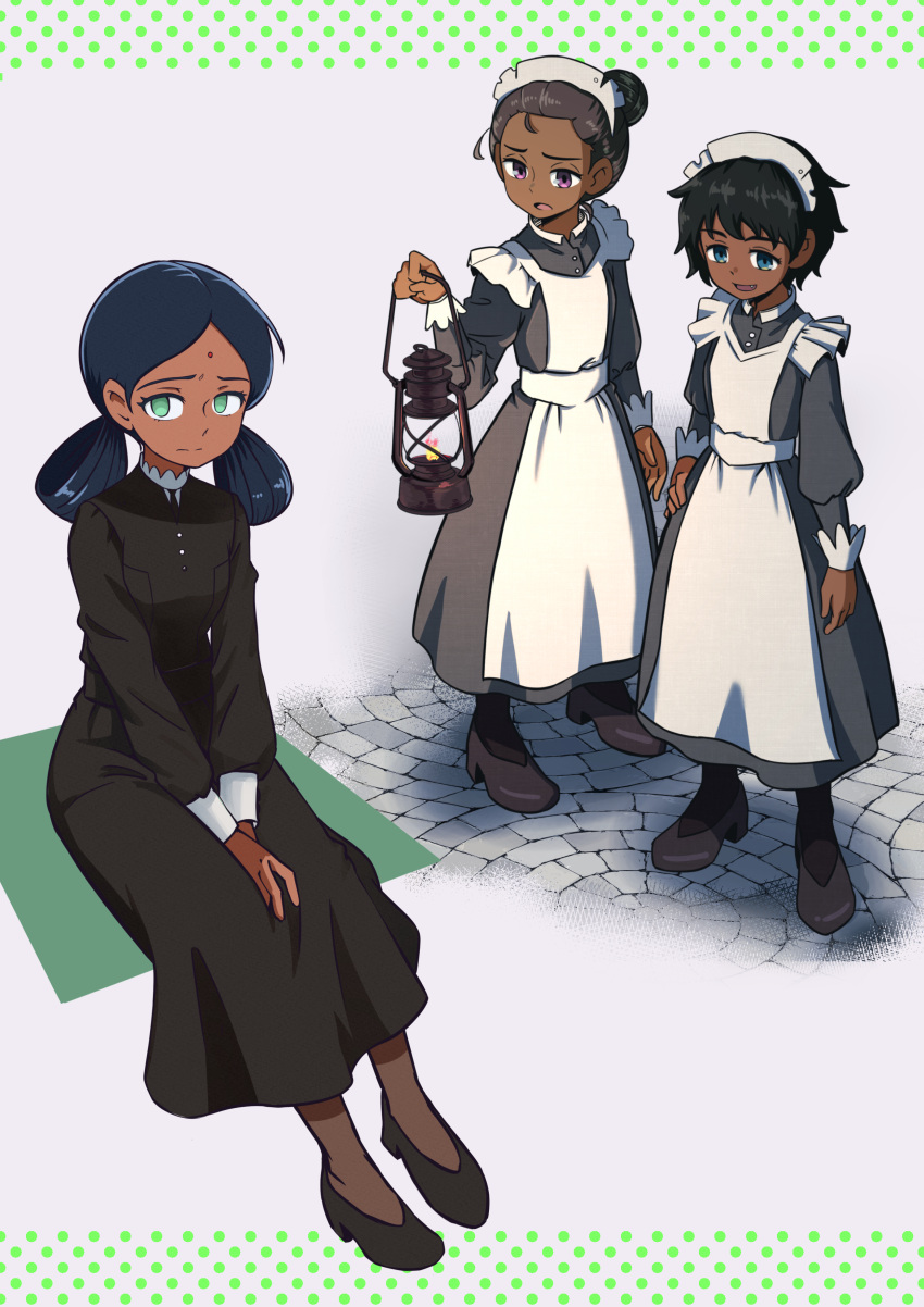 3girls, absurdres, apron, black_hair, blue_eyes, brown_hair, dark-skinned_female, dark_skin