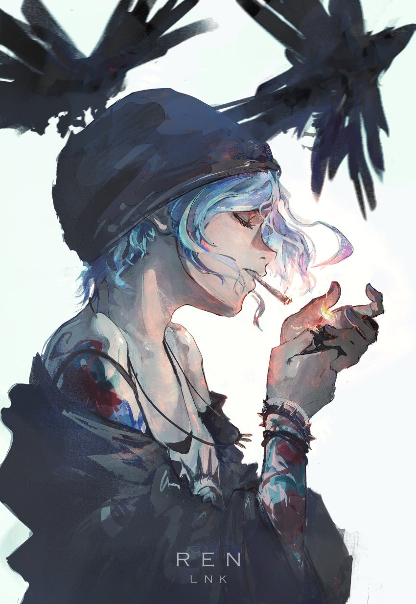 1girl, absurdres, artist_name, beanie, black_hat, blue_hair, chloe_price, cigarette