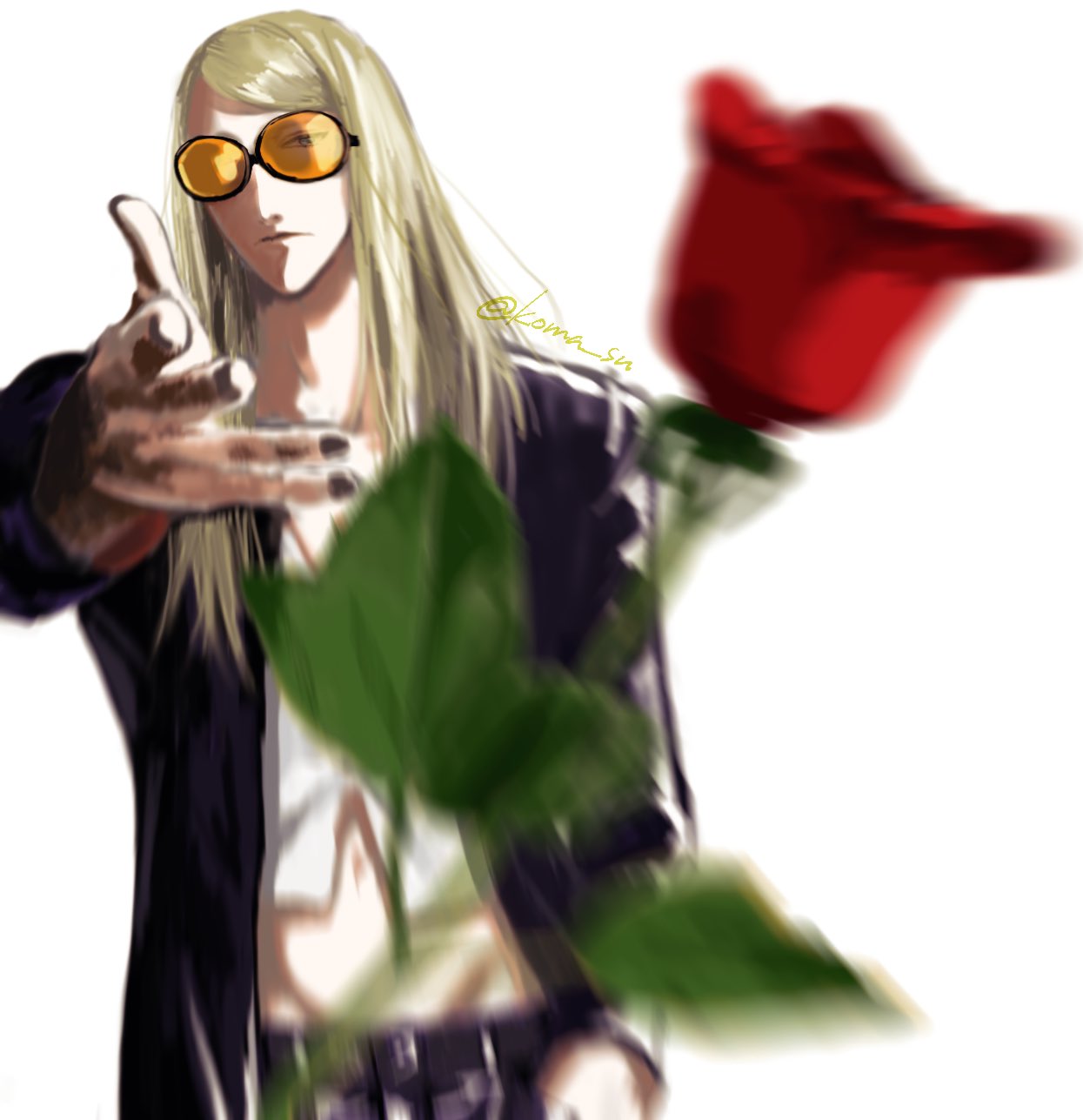 1boy, black_jacket, black_nails, blonde_hair, fate/grand_order, fate_(series), flower, hand_in_pocket