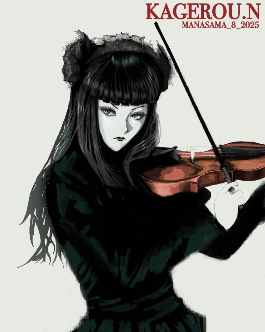 1boy, artist_name, black_dress, black_hair, black_lips, blue_eyes, blunt_bangs, bow_(music)