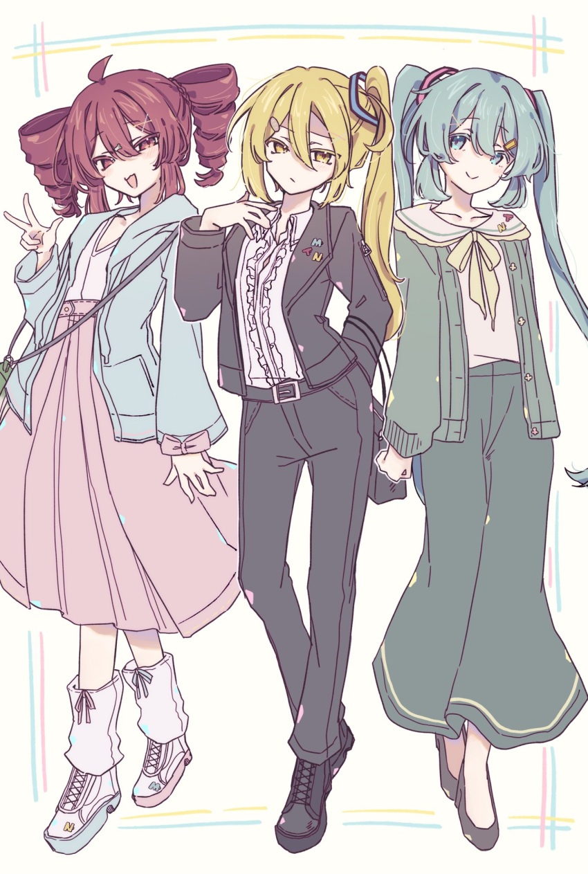 3girls, ahoge, akita_neru, alternate_costume, aqua_eyes, aqua_hair, aqua_jacket, ascot