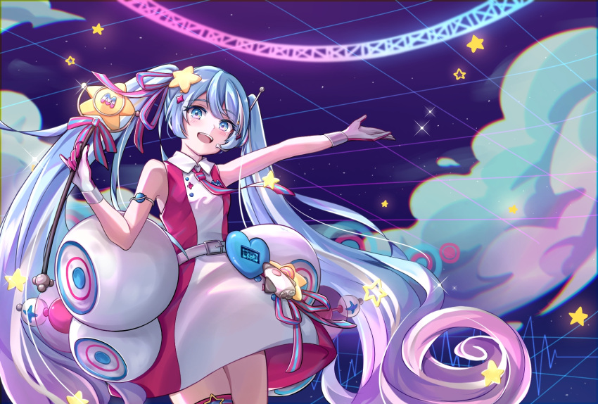 1girl, aqua_eyes, aqua_hair, arm_up, collared_dress, dress, gloves, gradient_hair