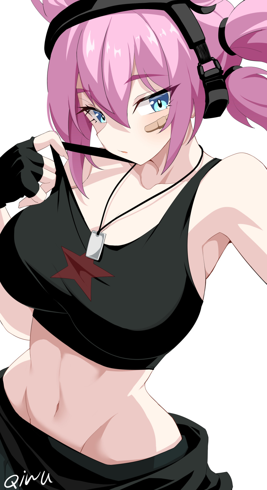 1girl, absurdres, artist_name, bandages, bandaid, bandaid_on_face, bare_shoulders, black_gloves