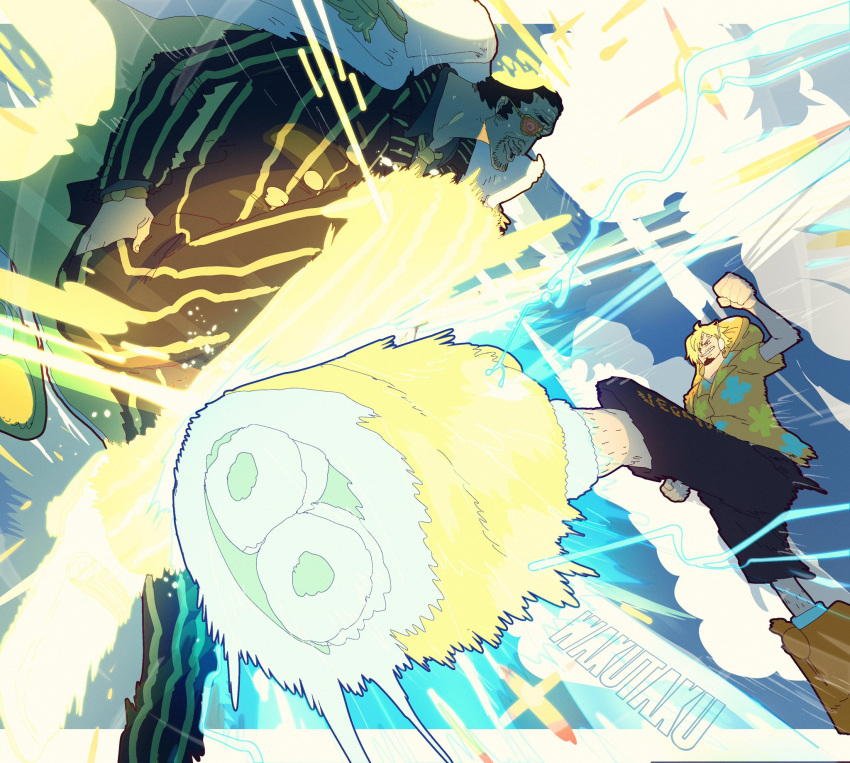 2boys, coat, coat_on_shoulders, curly_eyebrows, facial_hair, fighting_stance, hair_over_one_eye, highres