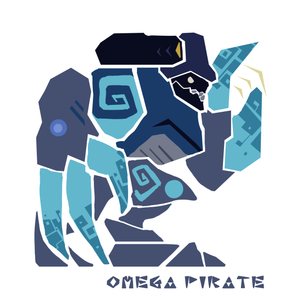 arm_up, armor, character_name, claws, dennou_manjuu, full_body, looking_to_the_side, metroid, metroid_prime_1, monster_hunter_(series), no_humans, omega_pirate, parody, profile, shoulder_cannon, simple_background, solo, standing, style_parody, weapon, white_background