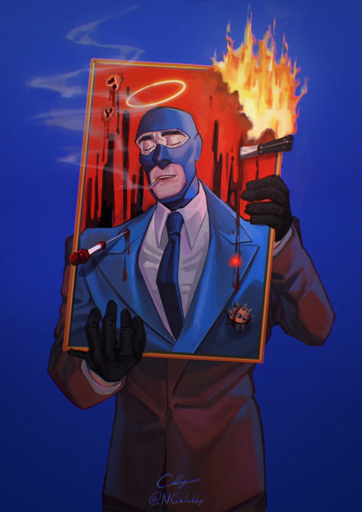 1boy, balaclava, black_gloves, blu_spy_(tf2), blue_background, blue_jacket, blue_necktie, bullet_hole, cabbage_(ncalabby), cigarette, closed_eyes, collared_shirt, english_commentary, folding_knife, formal_clothes, gloves, halo, holding_painting, ice_pick, jacket, knife, long_sleeves, male_focus, necktie, painting_(object), red_jacket, red_spy_(tf2), shirt, signature, simple_background, smoke, smoking, solo, spy_(tf2), stab, switchblade, team_fortress_2, upper_body, white_shirt