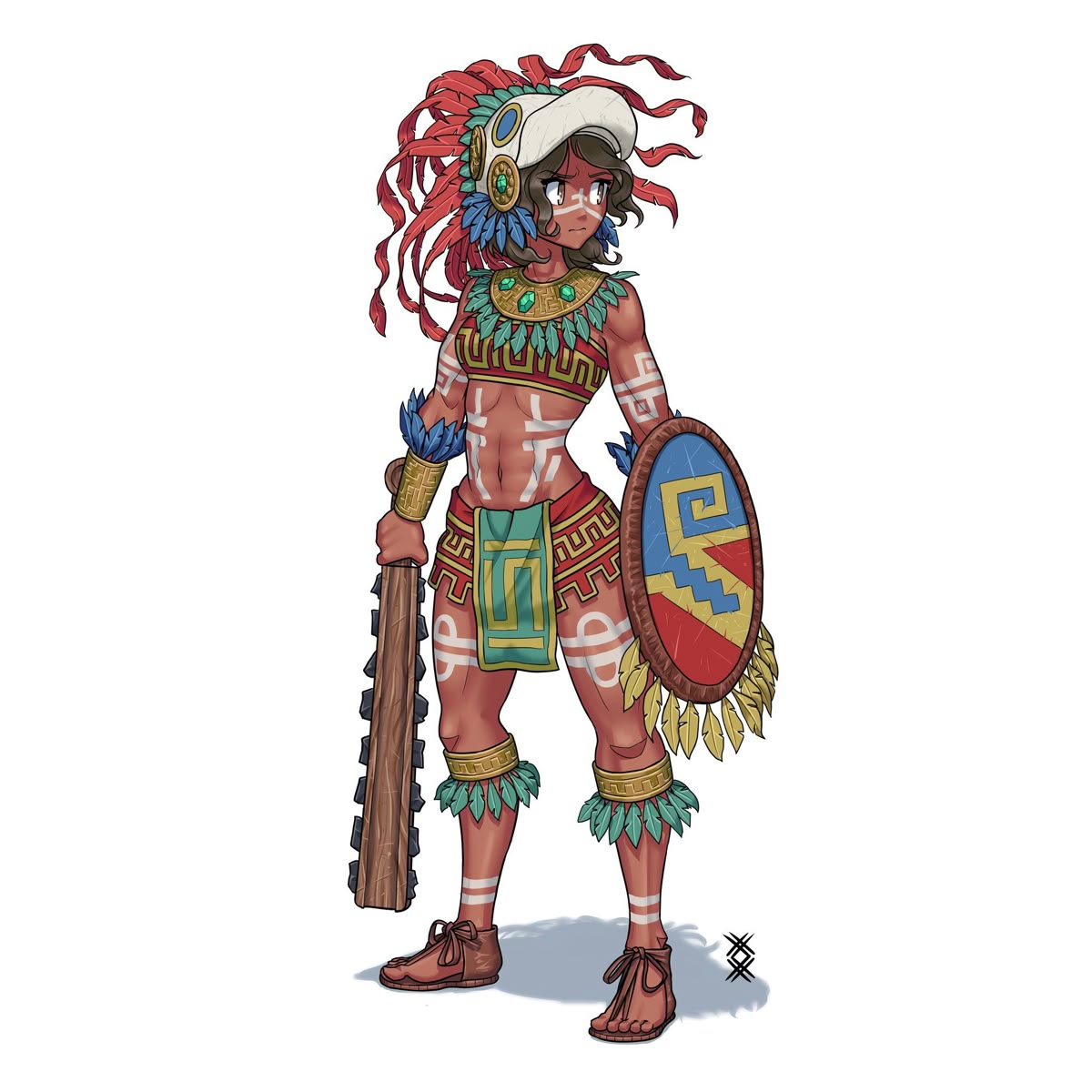 1girl, animal_skull, aztec, bird_skull, brown_eyes, brown_hair, club_(weapon), feathers