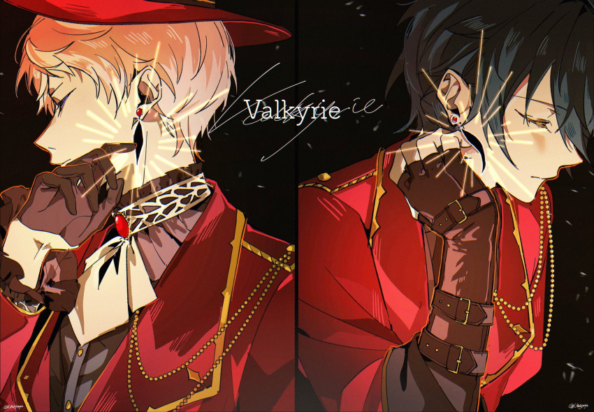 2boys, ascot, belt_buckle, black_gloves, black_hair, buckle, closed_eyes, closed_mouth