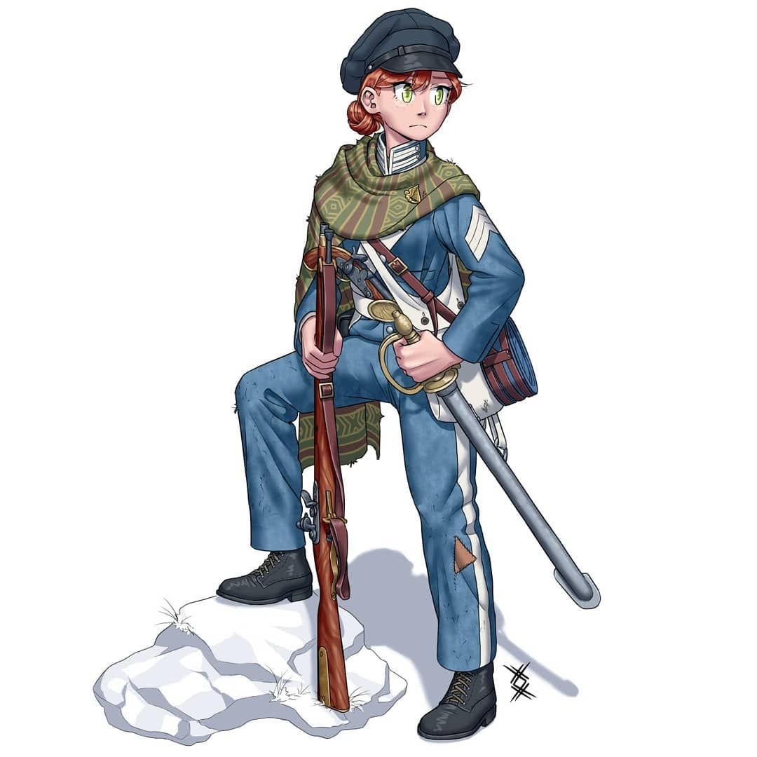 1girl, antique_firearm, army, badge, belt, black_boots, boots, bread_bag, closed_mouth, firelock, flintlock, forage_cap, green_eyes, gun, gun_sling, hair_bun, handgun, holding, holding_sword, holding_weapon, irish_harp, irish_text, looking_to_the_side, m1814_mississippi_rifle, mantle, military_uniform, muzzle_loading_percussion_rifle, non-web_source, ostwindprojekt, red_hair, rifle, scabbard, serious, sheath, soldier, standing_on_rock, sword, united_states, united_states_army, weapon, white_background, white_belt