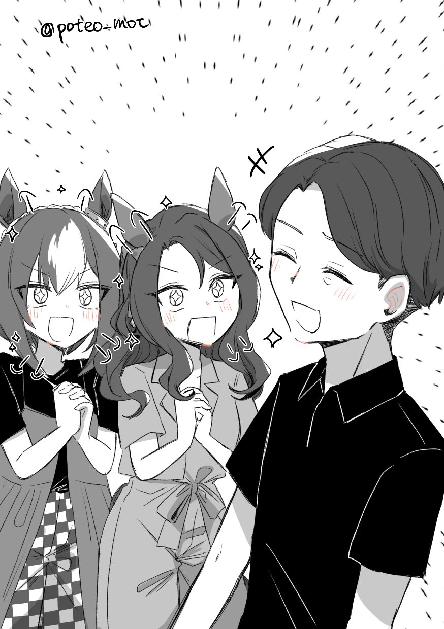 +_+, 1boy, 2girls, black_shirt, cesario_(umamusume), collared_shirt, ear_covers, fukunaga_yuuichi