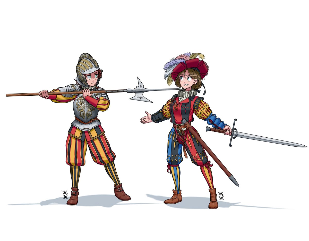 2girls, armor, beret, brown_hair, closed_mouth, german_text, green_eyes, halberd
