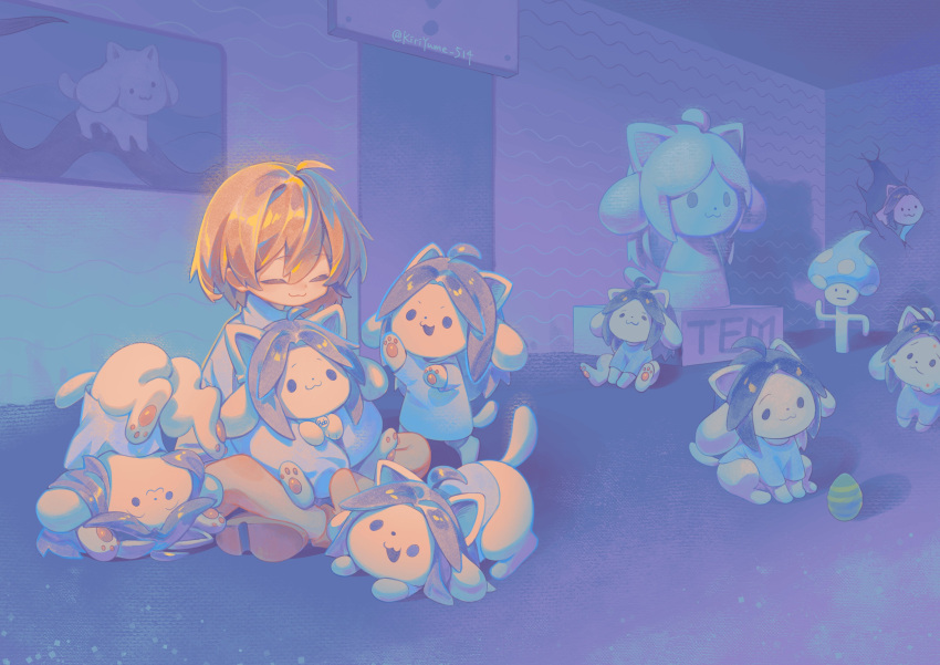 1other, :3, absurdres, ahoge, animal, black_hair, blue_sweater, brown_hair, brown_shoes, closed_eyes, dog, egg, frisk_(undertale), highres, hives, holding, holding_animal, holding_dog, kiriyume, shoes, sitting, statue, striped_clothes, striped_sweater, sweater, temmie, undertale, utdr_(toby_fox)