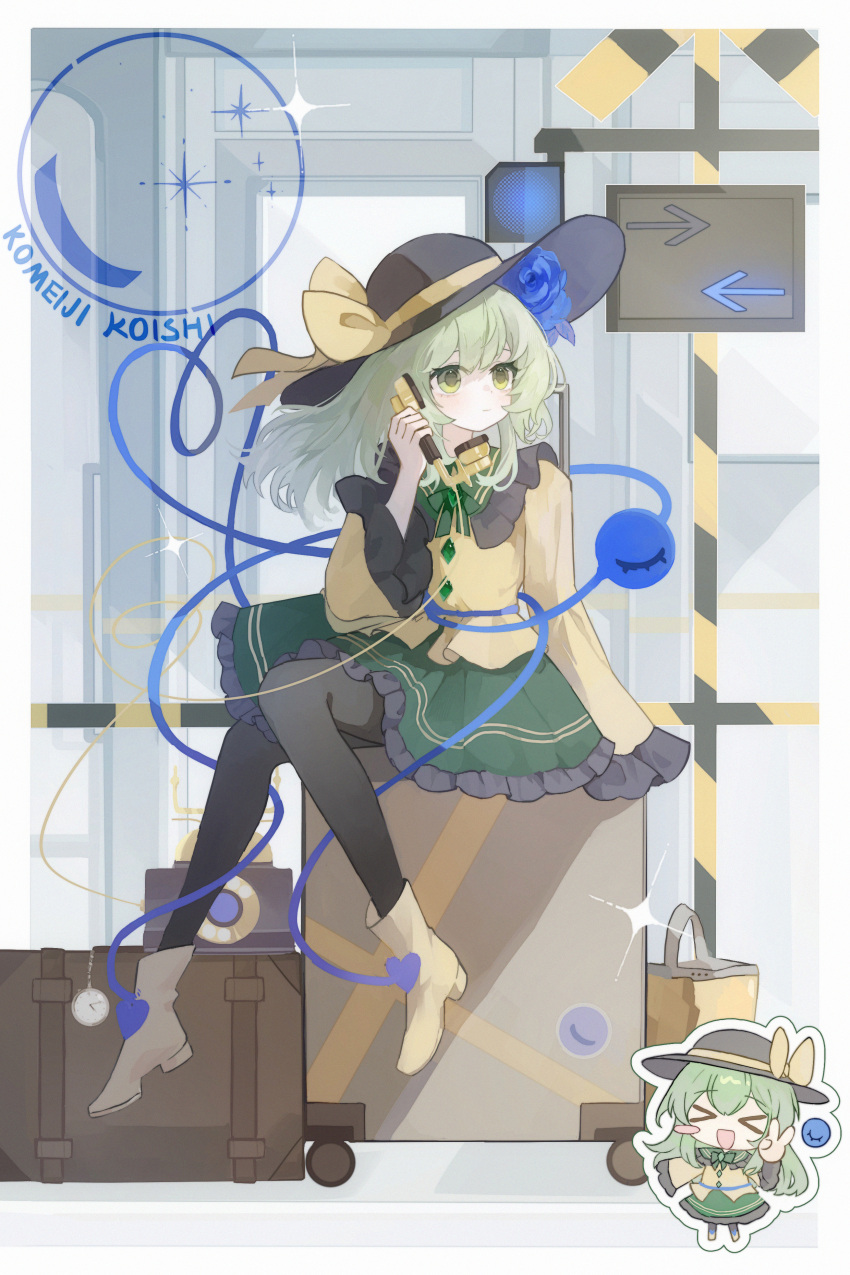 >_<, 1girl, :d, absurdres, antique_phone, arrow_(symbol), black_hat, black_pantyhose