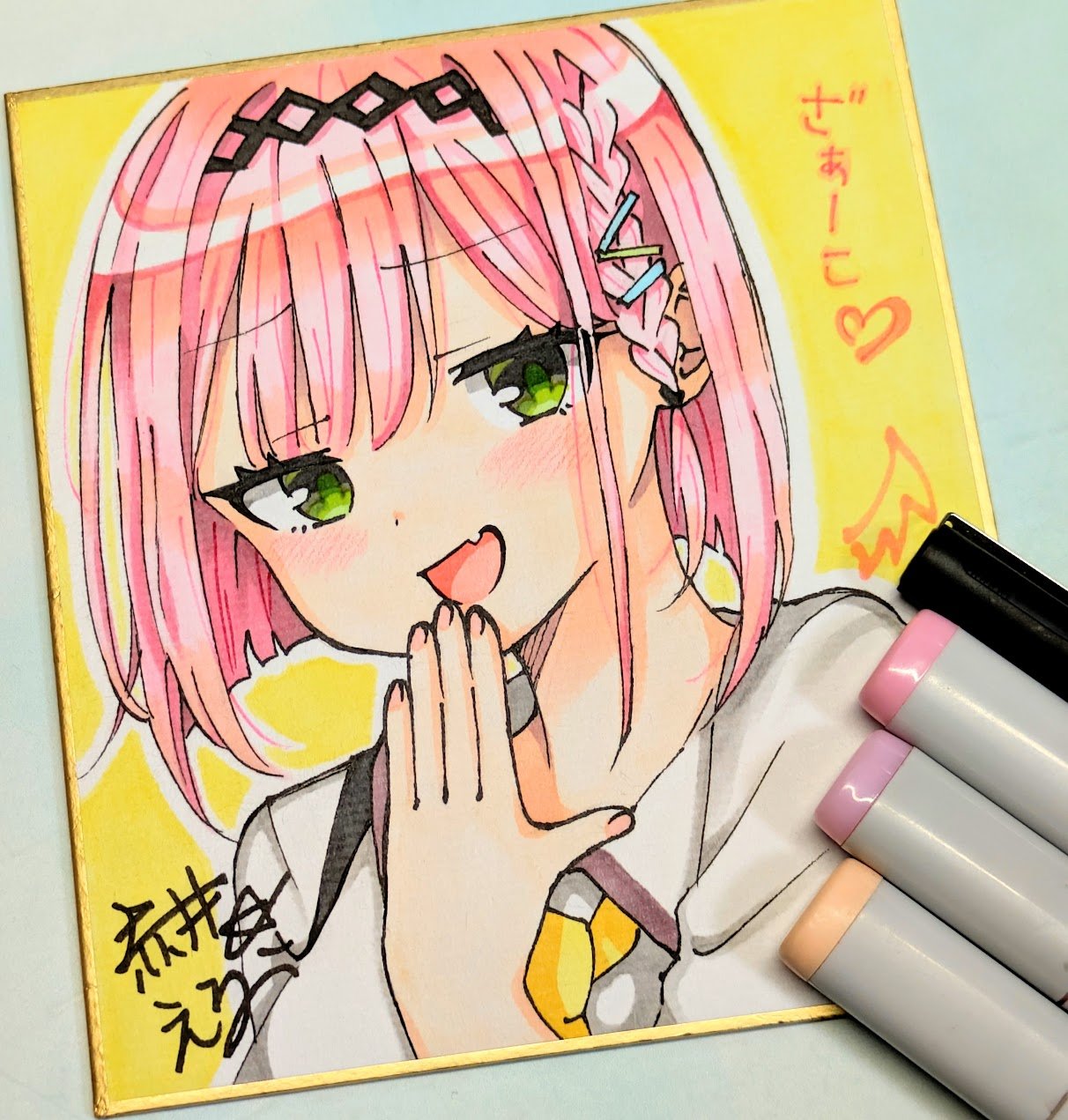 1girl, :d, art_tools_in_frame, black_hairband, blunt_ends, blush, bob_cut, braid