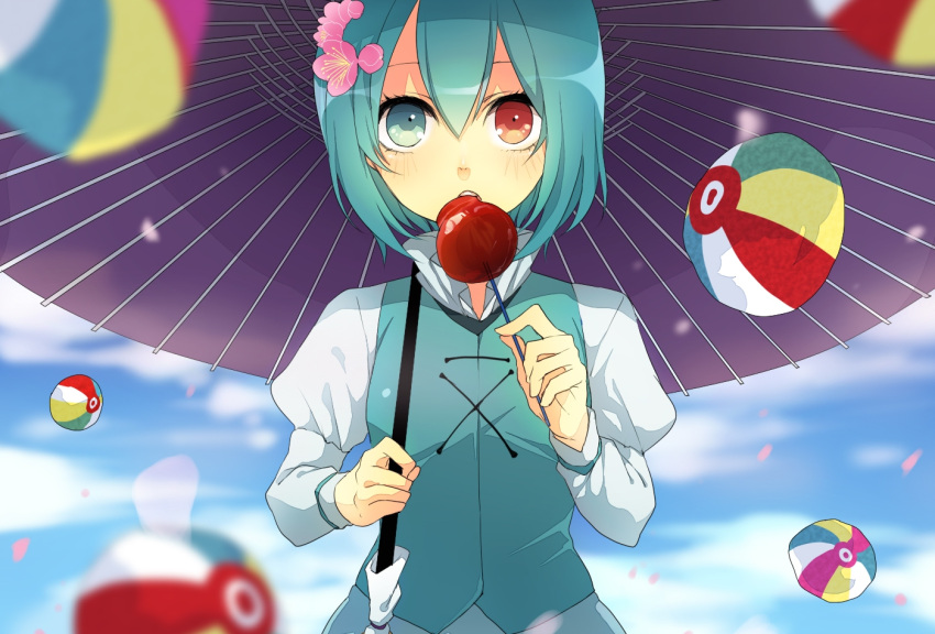 amaya_enaka, aqua_hair, beachball, bicolored_eyes, blue_hair, candy_apple, food, hair_flower