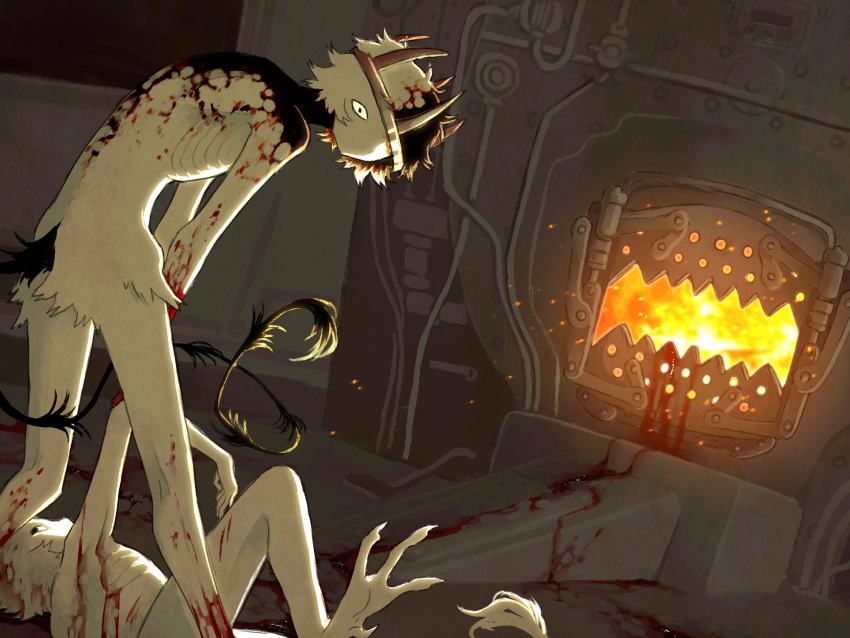 1boy, 1other, black_fur, black_tail, blood, blood_on_arm, crown, ember_(jejejunum)