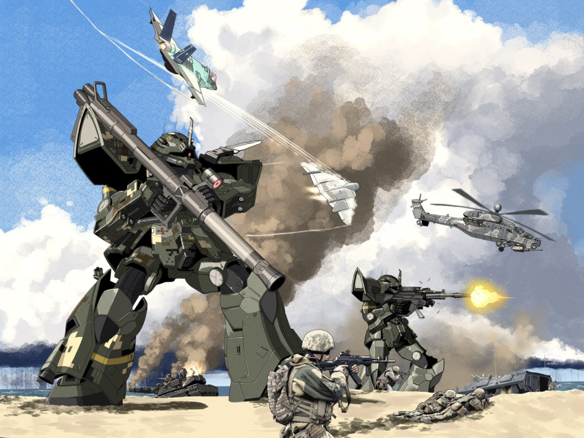 4boys, aiming, aircraft, airplane, armored_personnel_carrier, armored_vehicle, assault_rifle, bazooka_(gundam)