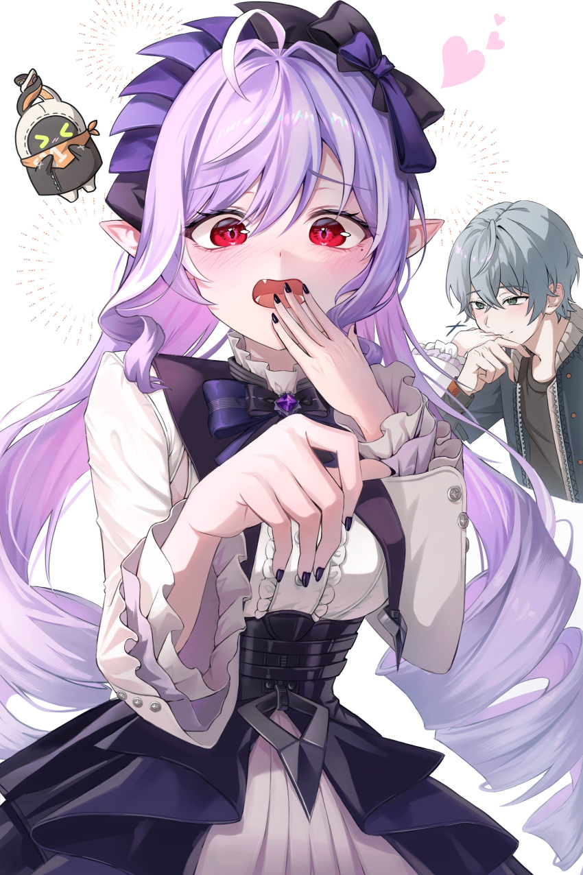 1boy, 1girl, absurdres, arin_art, black_nails, black_skirt, blush, bow