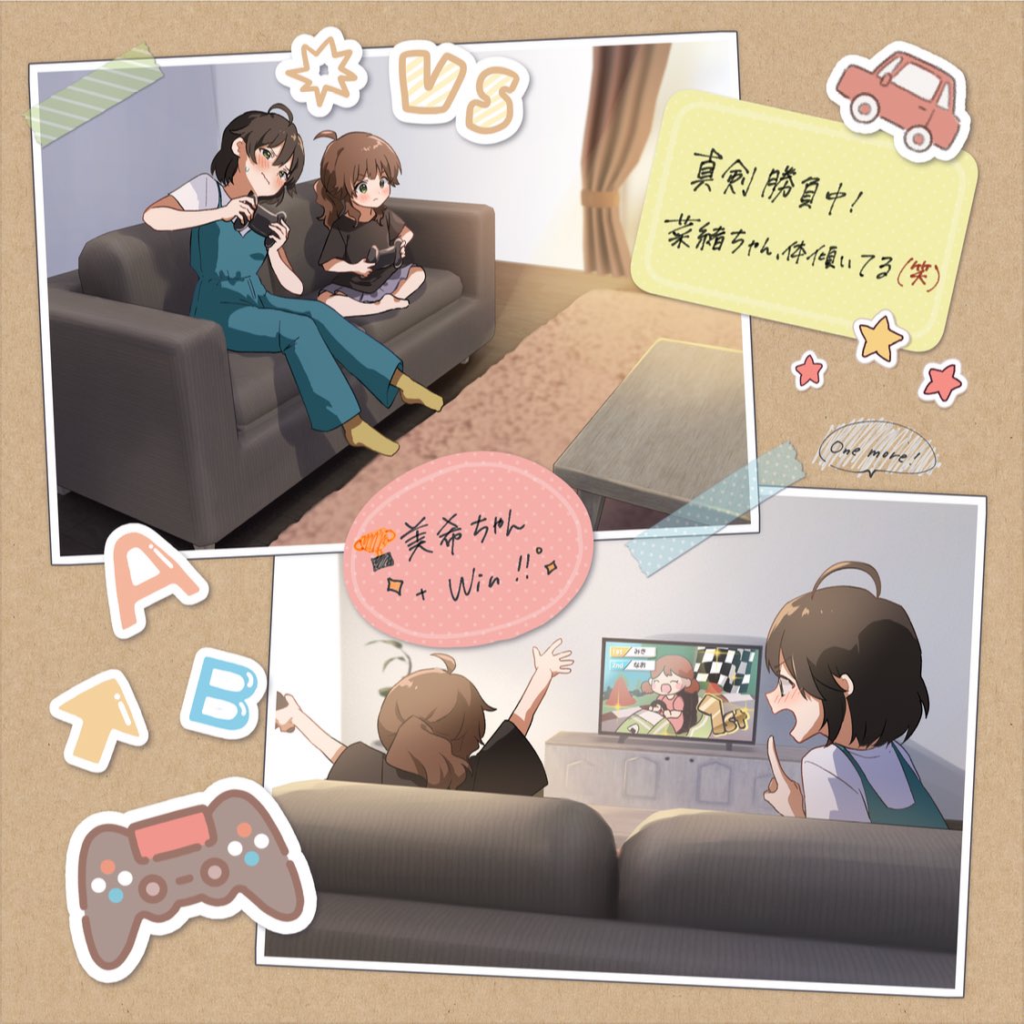 2girls, aged_down, brown_hair, controller, couch, game_controller, holding, holding_controller