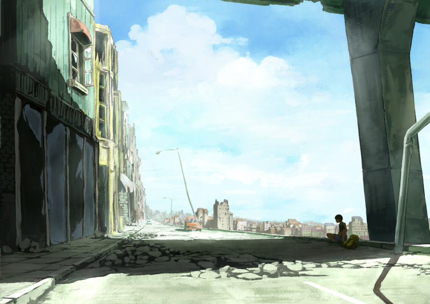 abandoned_city, bag, black_hair, blue_sky, boy, broken_glass, car, cityscape, cloud, clouds, glass, highres, kuchibiru_(lipblue), lamppost, motor_vehicle, original, post-apocalypse, post-apocalyptic, randoseru, rubble, ruins, scenery, scenic, short_hair, sidewalk, sitting, sky, solo, street, vehicle