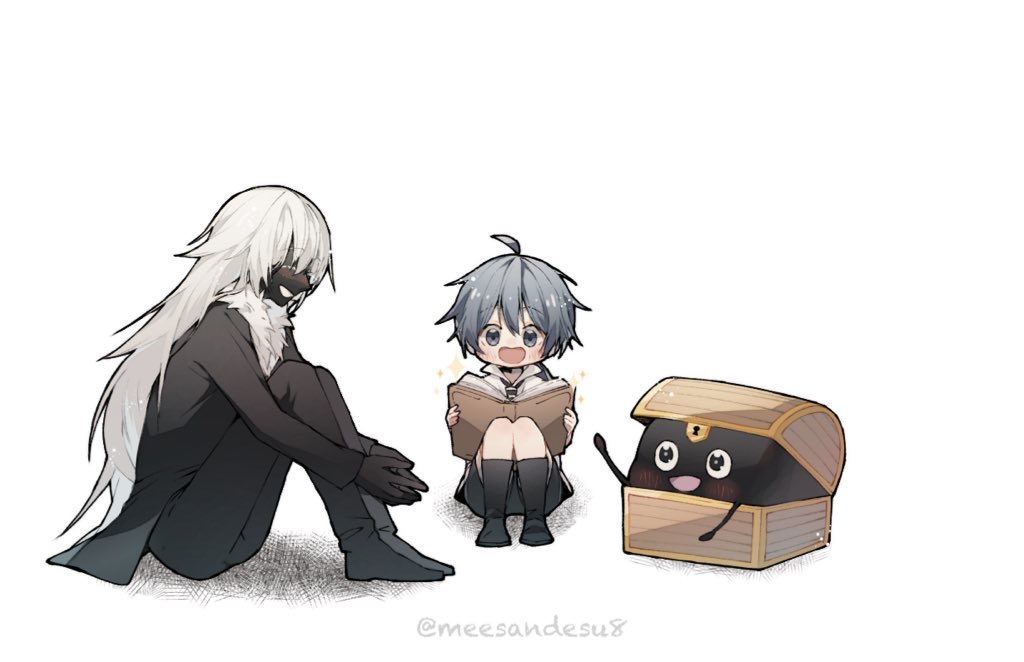 1girl, 1other, black_skin, black_socks, blue_eyes, blue_hair, blush, chibi