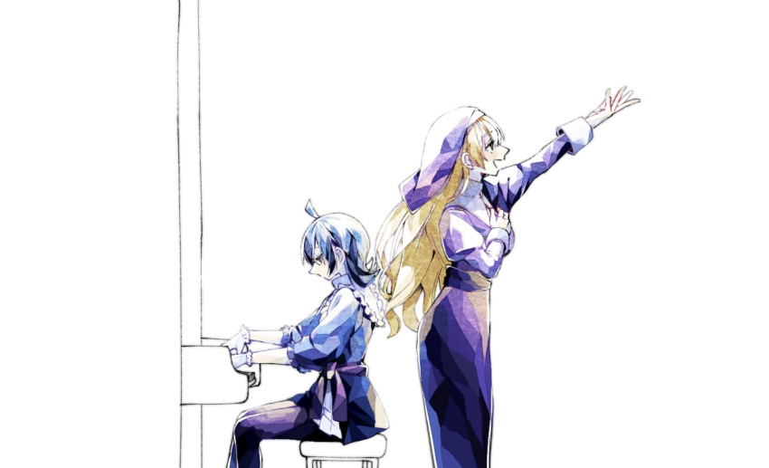 2girls, ahoge, blonde_hair, bloom, blue_hair, blush, breasts, dress