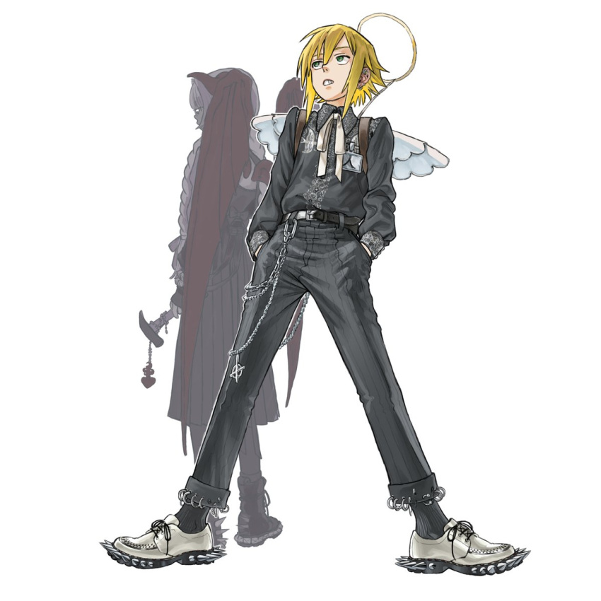 1boy, 1girl, angel_wings, belt, black_belt, black_pants, black_shirt, black_socks