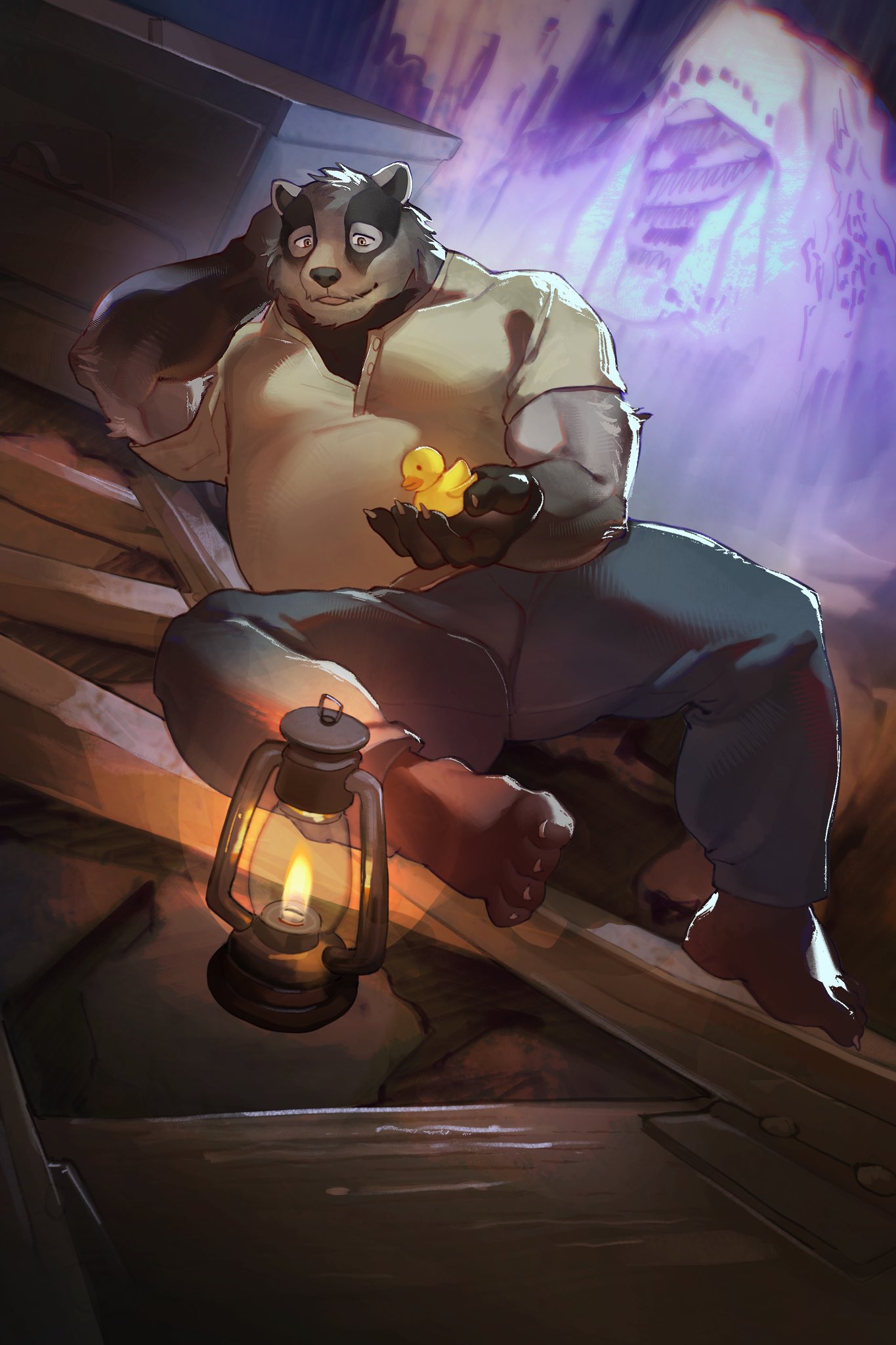 1boy, badger_boy, badger_ears, barefoot, claws, del_687, english_commentary, fat