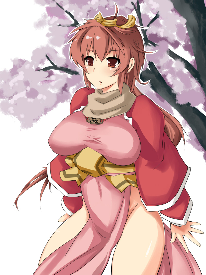 bad_id, blush, breasts, brown_eyes, brown_hair, cai_wenji, cherry_blossoms, chinese_clothes