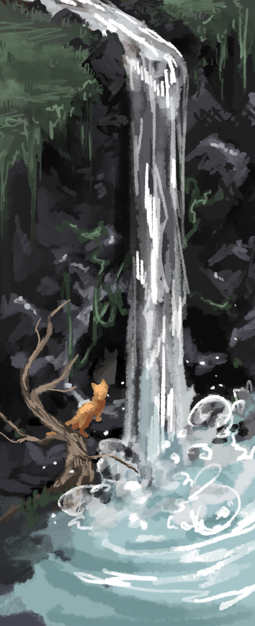 animal_focus, commentary_request, firestar_(warrior_cats), grass, highres, lake, lantadorite, nature, no_humans, orange_cat, orange_fur, outdoors, painterly, rock, scenery, solo, tree, warrior_cats, water, waterfall