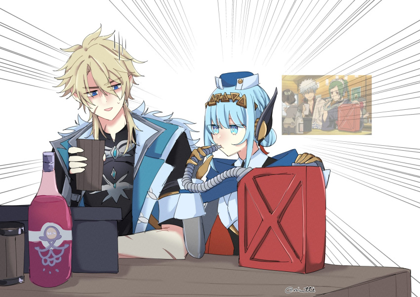 1boy, 1girl, android, anime_screenshot_inset, aqua_jacket, artist_name, black_shirt, blonde_hair
