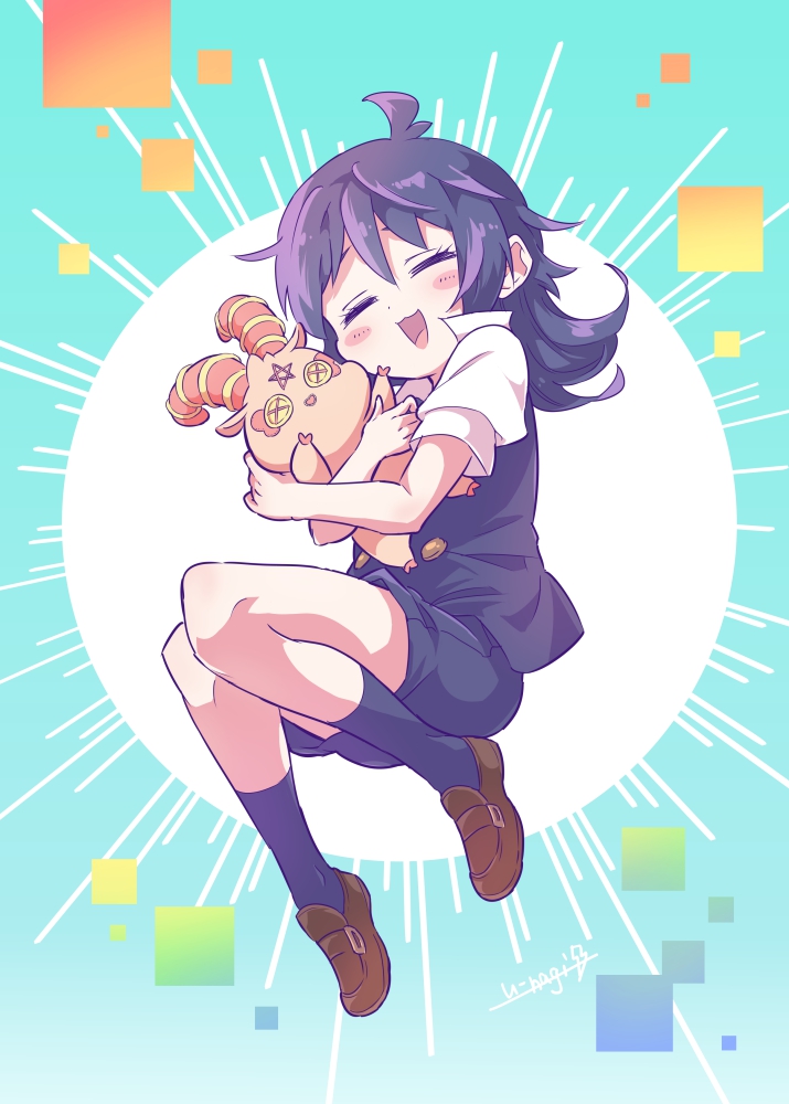 1girl, blue_shorts, blue_socks, blue_vest, blush, blush_stickers, brown_shoes, character_doll
