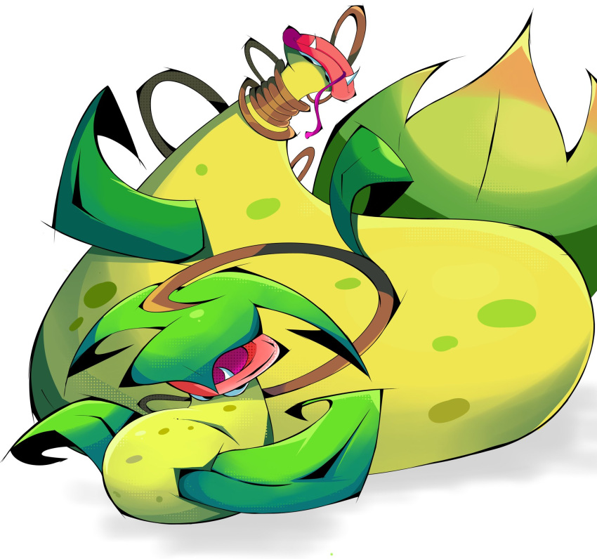 closed_mouth, colored_skin, commentary, english_commentary, fangs, full_body, highres, leaf