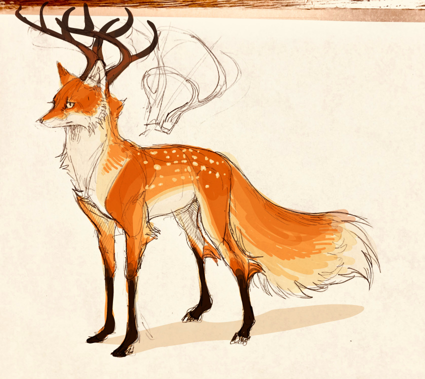 absurdres, animal, animal_focus, antlers, commentary, fox, full_body, highres