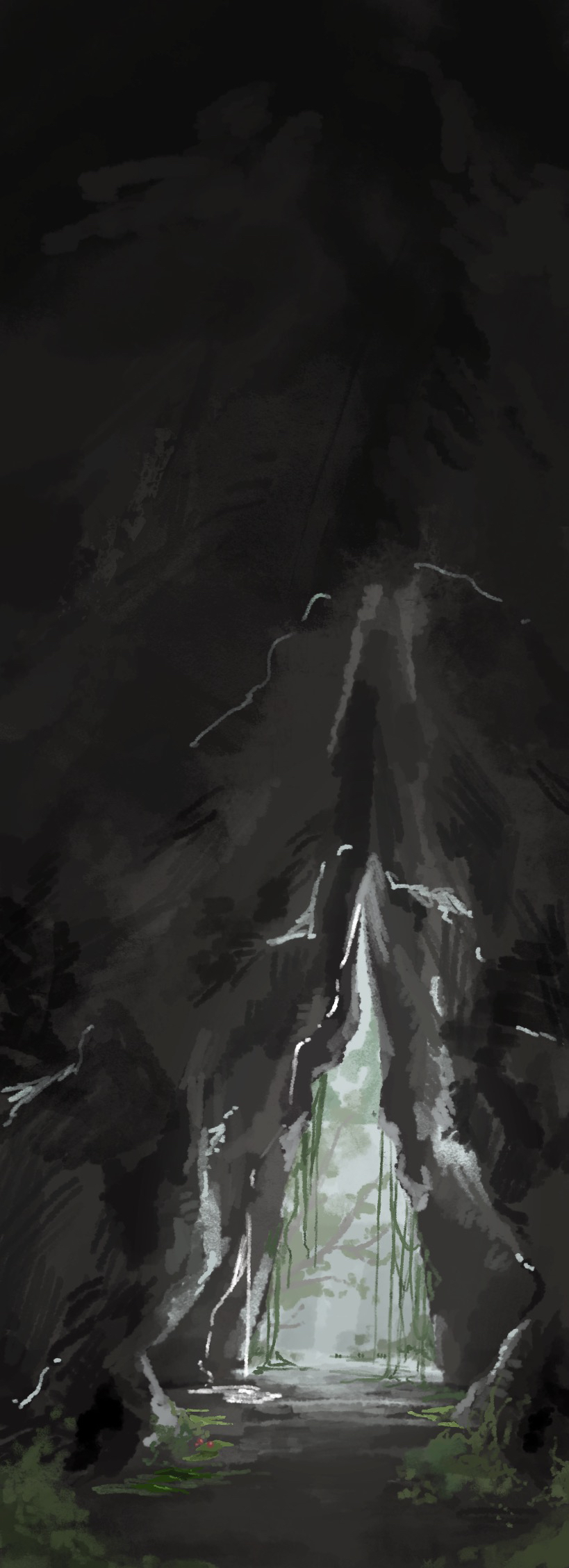 cave, commentary, highres, in-universe_location, lantadorite, moss, nature, no_humans, outdoors, painterly, plant, rock, scenery, vines, warrior_cats