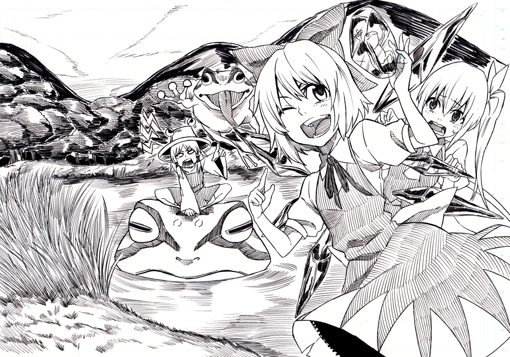 angry, animal, bow, cirno, daiyousei, dress, frog, frozen