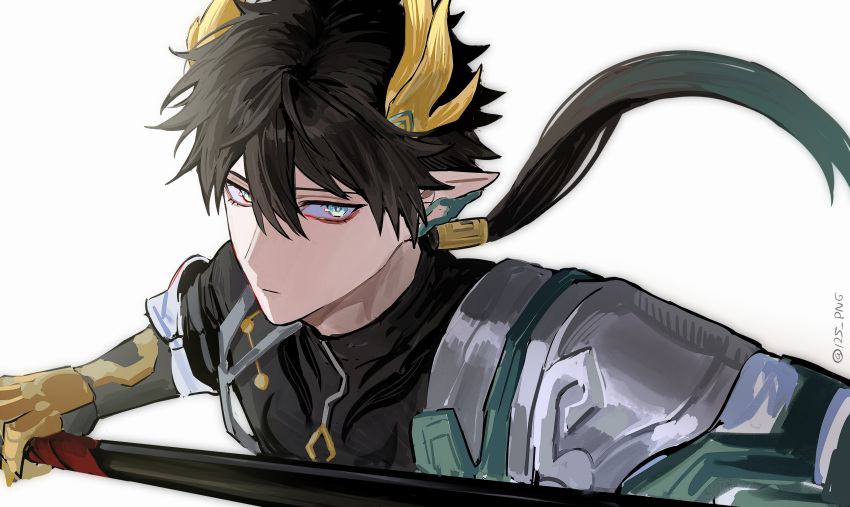1boy, absurdres, asymmetrical_clothes, black_hair, black_shirt, blue_eyes, commentary, dan_heng_(honkai:_star_rail)